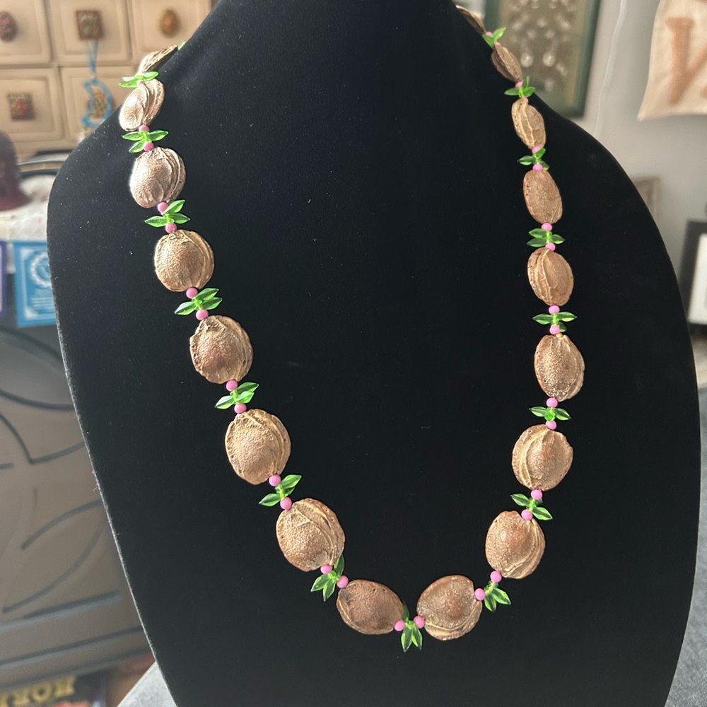 Vintage Beaded Nut Necklace 28” Boho Beachy Unique Jewelry